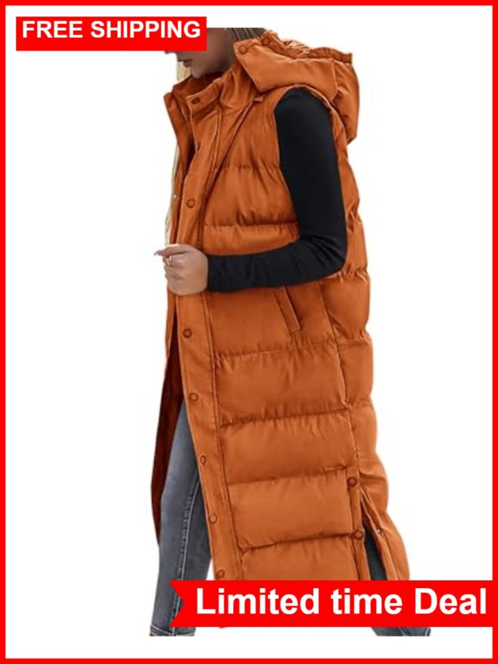 Sleeveless Quilted Puffer Vest With Hood Long Winter Coat